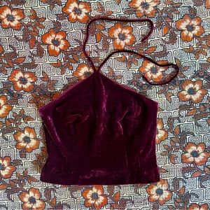 Y2K 90s Vintage Burgundy Wine Red Velvet Cropped Halter Top